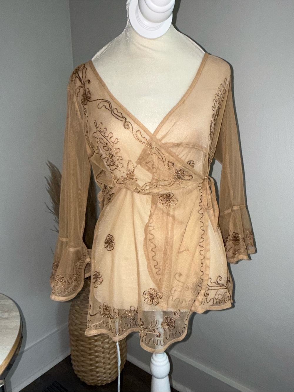 Cool Wear Embroidered Sheer Wrap Tunic in Beige